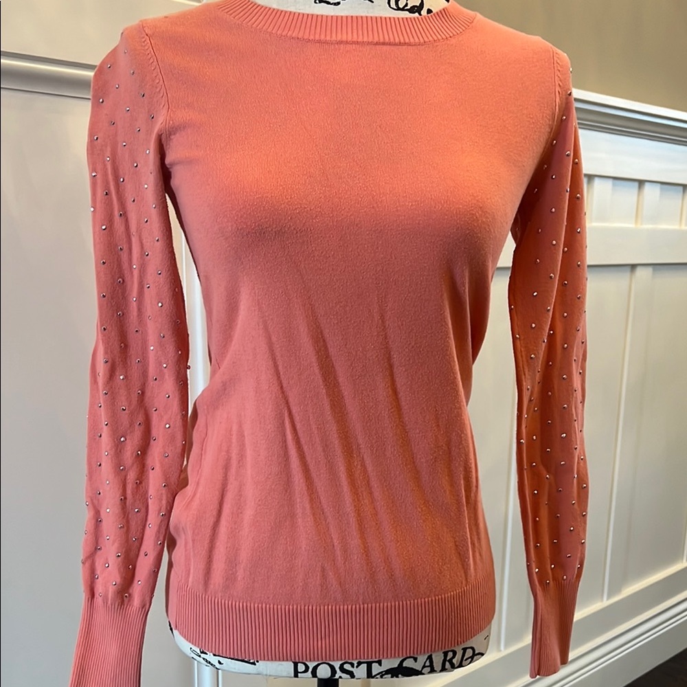 Express Like New Coral Sweater with Embellished Sleeves
